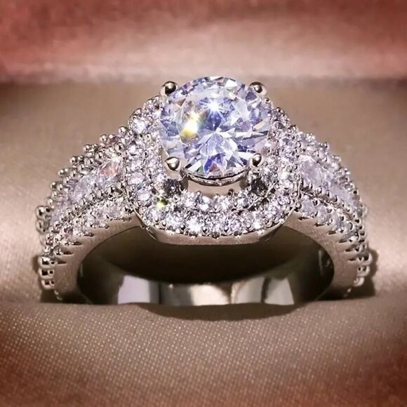 Classy Ring Square Halo Design Paved Full Shiny Zircon Silver Tone Ring - Picture 4 of 8